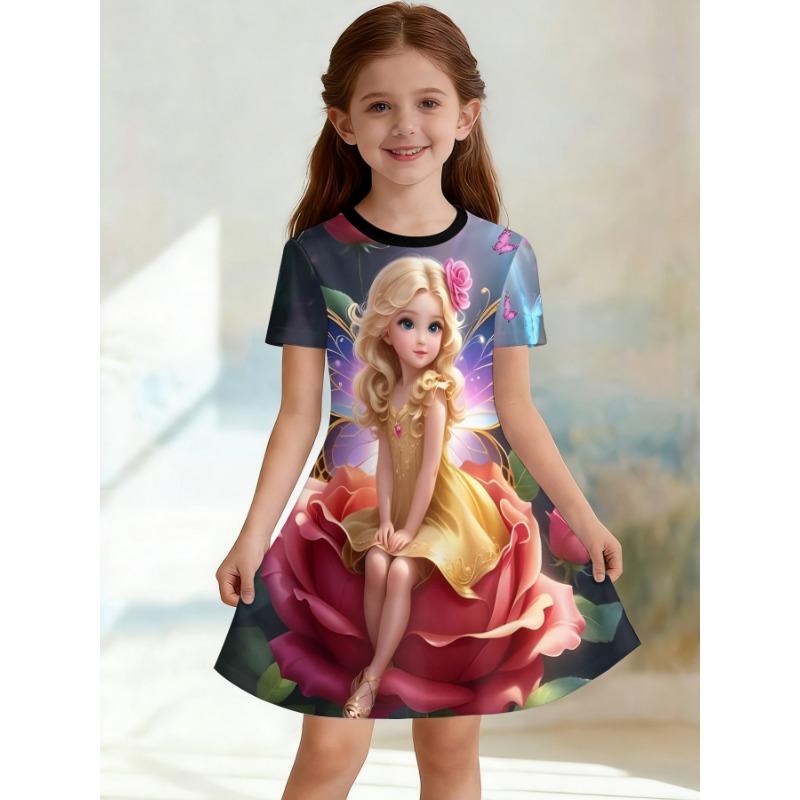 Girl Rainbow Unicorn Printed T-shirt Dress Soft Sky Cloud Casual Dress for Children's Party Clothing Suitable for Birthday Gifts