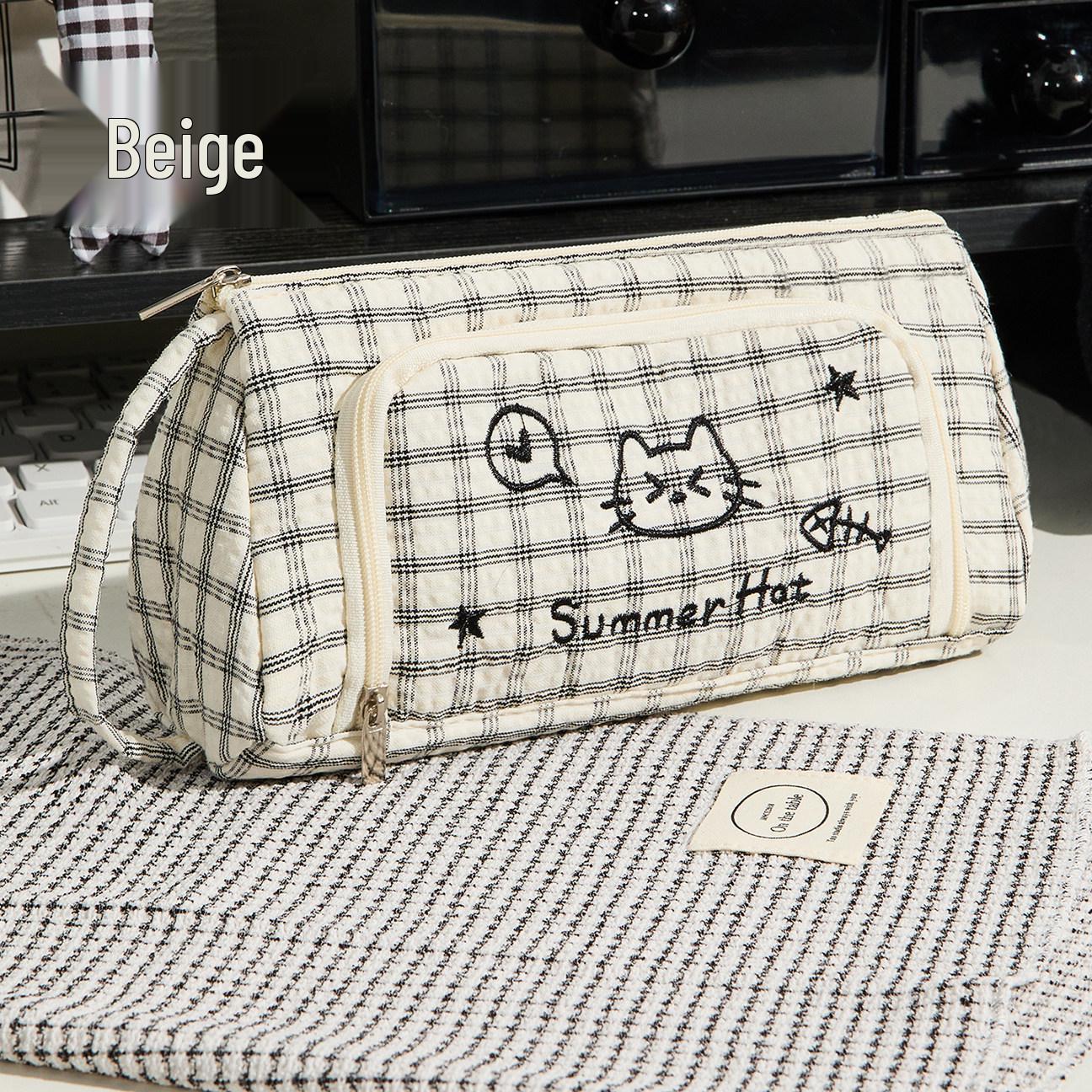 Large Capacity Plaid Kitten Pencil Case, Cute Embroidered Multi-Functional Stationery Bag Set