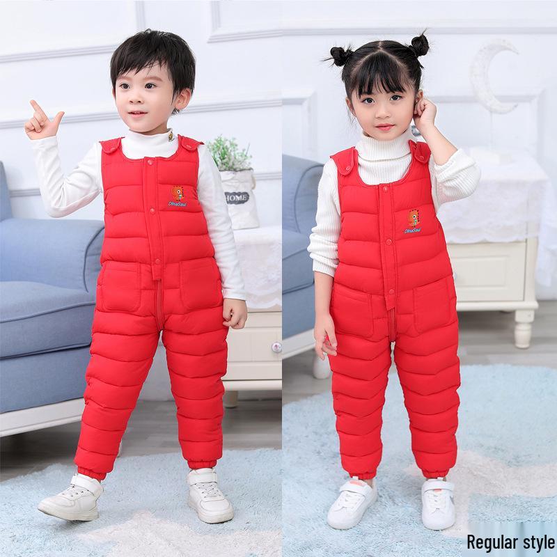 2026 Winter Unisex Baby Overalls, Down Cotton Fleece Lined, Thickened Open Crotch One-Piece Pants