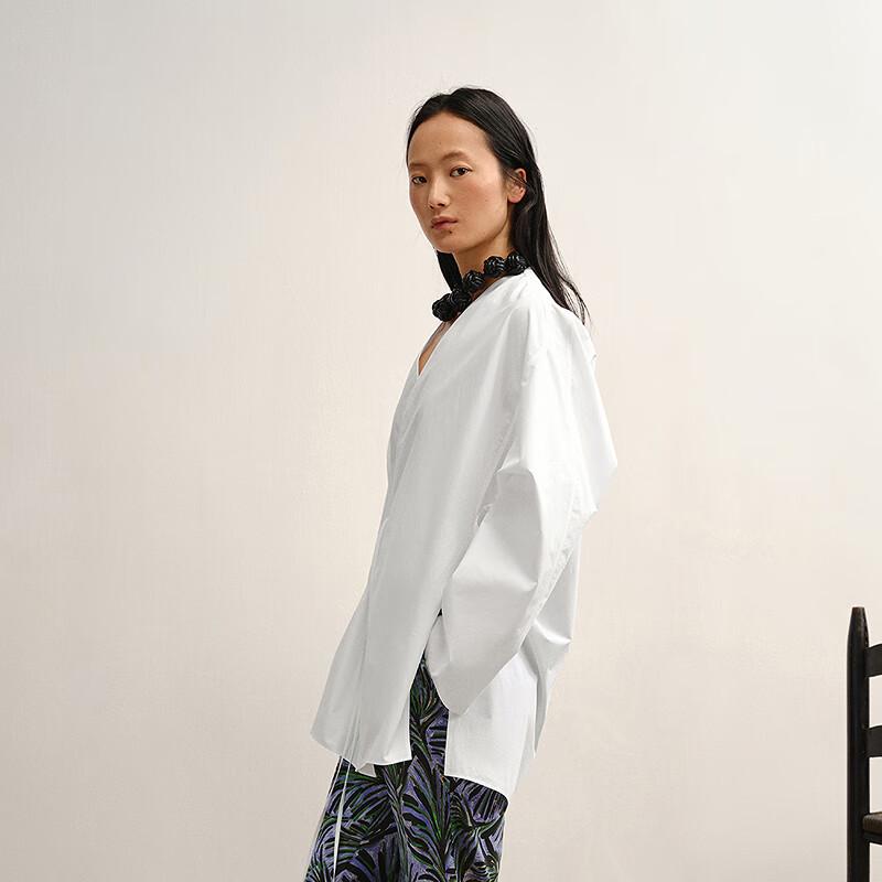 LESS 2025 Autumn V-Neck Loose Long Cotton Shirt