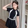 Girls Sporty Swimsuit With Ruffled Hem Half-Zip Front Color-Block Sleeves Tummy Control Fit Swimming Water Activities