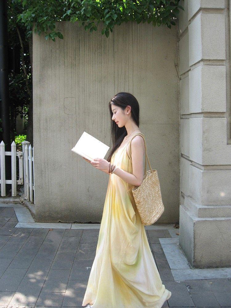 French Fairy Yellow Gradient V-Neck Spaghetti Strap Beach Dress for Women