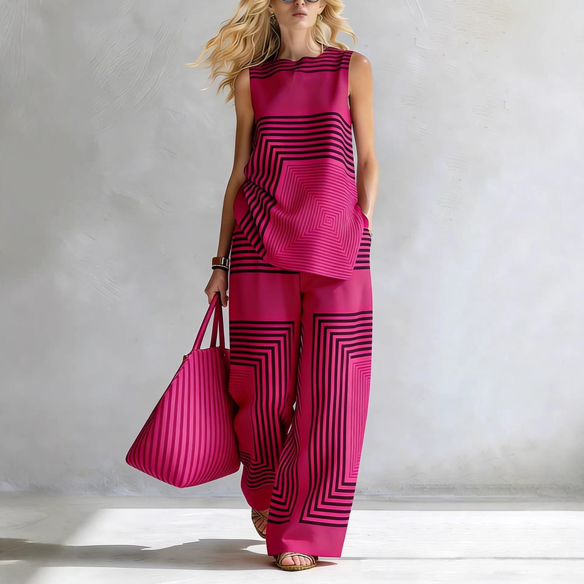 Women 2 Piece Set Sleeveless Geometric Print Top and Wide Leg Pants Casual Summer Outfit S красный