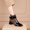 2025 Autumn/Winter Patent Leather Chunky Heel Ankle Boots with Square Toe and Buckle Details