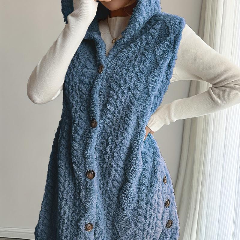 Női Kétoldalas Plüss Mellény Kapucnis Gombos Kardigán Ősz Tél Egyszínű