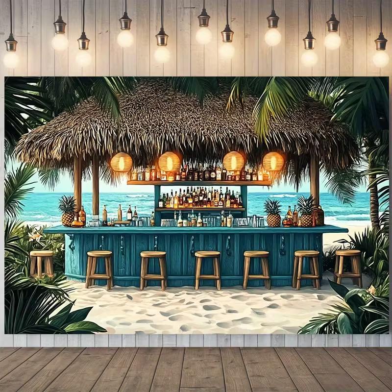 Summer Beach Hut Bar Tapestry, Tropical Ocean View Wall Art Decor