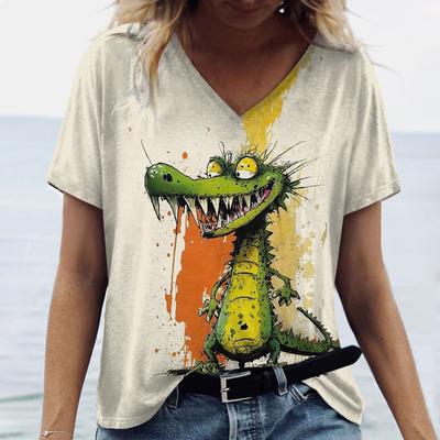 Cartoon Animal Print Women's T-shirt Plus Size Top V-Neck Summer Women's Trend Clothing Short Sleeve Shirt Oversized Tee