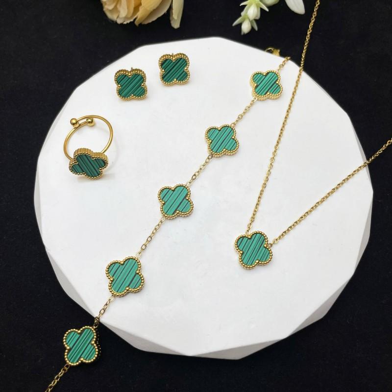 4 Piece Lucky Clover Jewelry Set Women Necklace Bracelet Earrings Ring In Titanium Steel With Electroplating