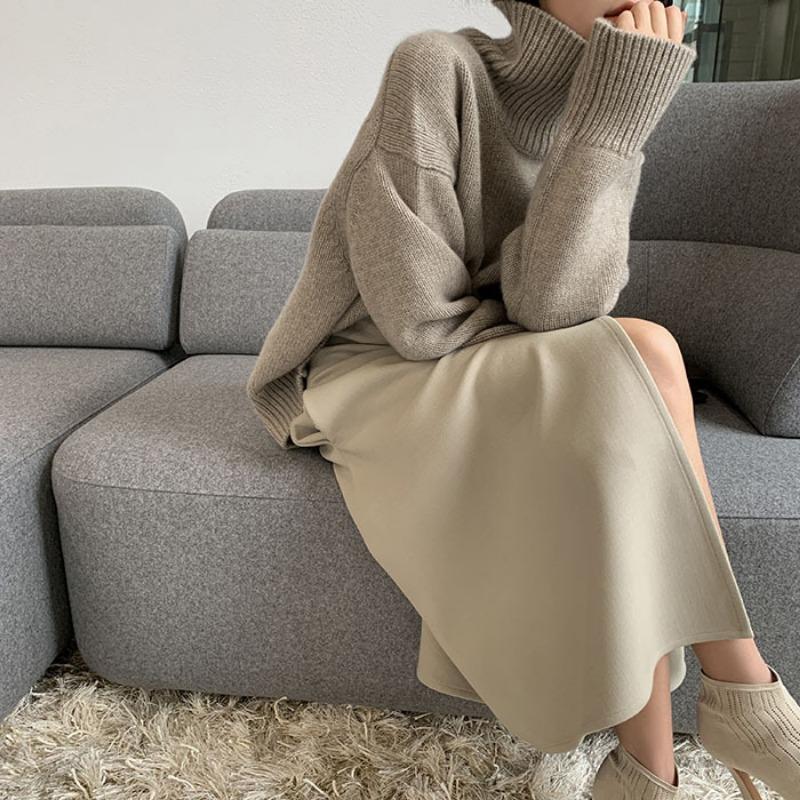 Women S Autumn Winter High Neck Pullover Sweater Loose Fit Casual Lazy Style Solid Color Knit Top