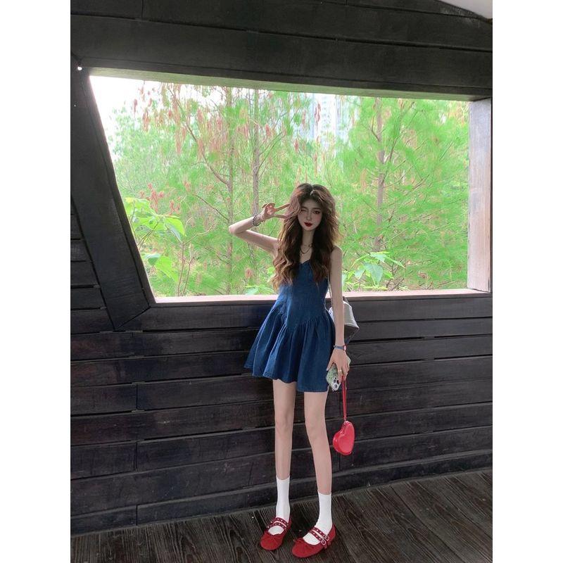 Kumikumi Elegant All-Match V-neck Denim Sling One Piece Dress Women Clothing Summer High Sense Waist Hugging Slimming Short Dress