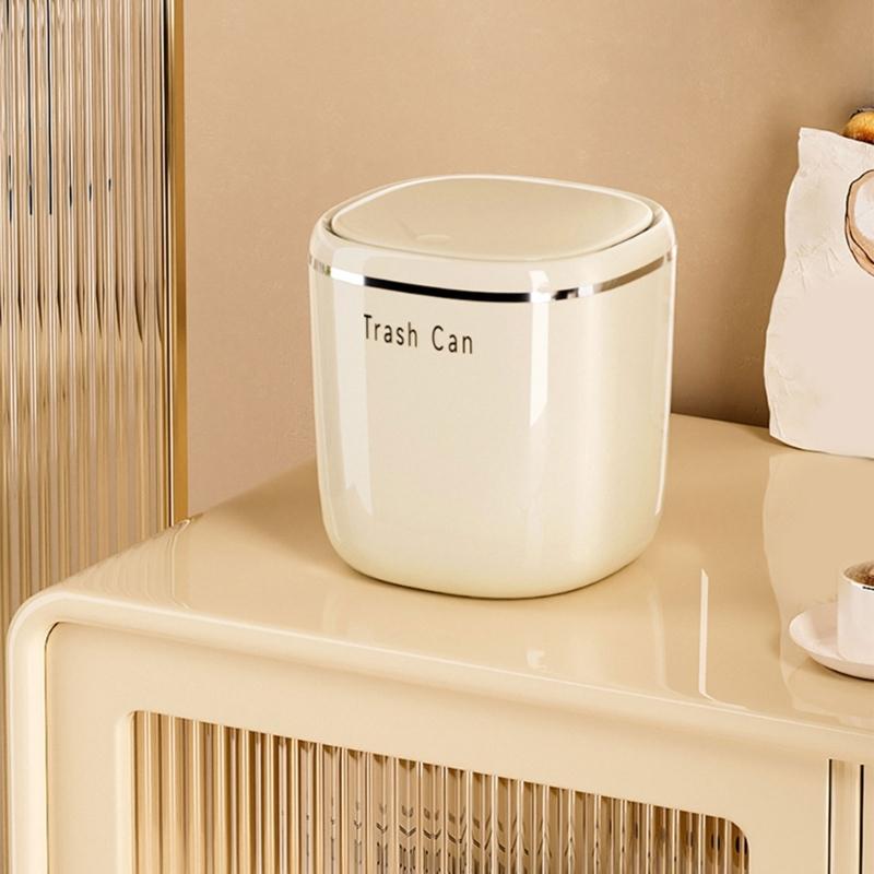 Mini Cream Flips Lid Trash Can Durable Plastic For Desk Organization In Dorm And Office With Space Saving