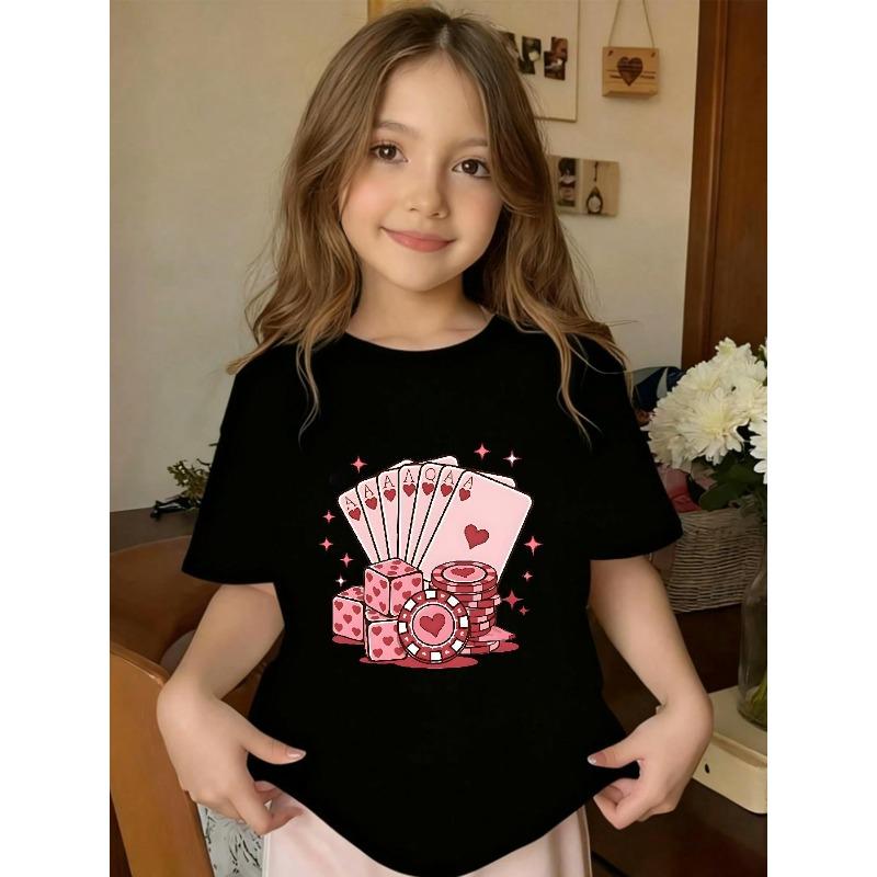 European sizes Pink Cartoon Playing Card and Dice Pattern T-shirt, Round Neck Short-sleeved Summer Top, Girls' T-shirt