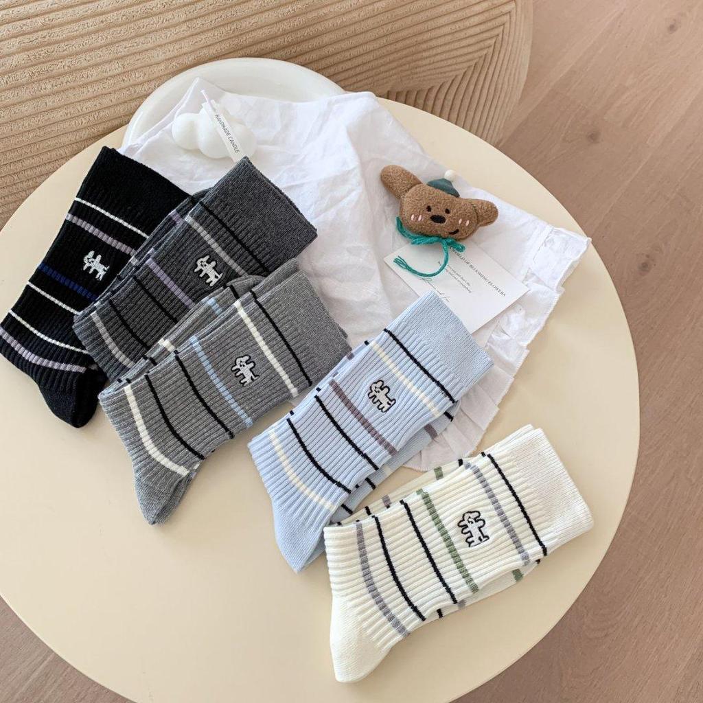 Cartoon Puppy Embroidery Cute Socks Women Autumn and Winter Middle Tube Socks Korean Striped Cotton Knitted Elastic Long Socks