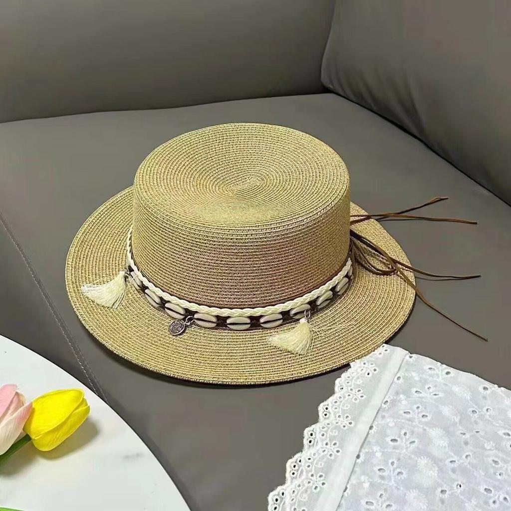Bohemian Flat Top Straw Hat Women's Summer Outing Beach Hat Retro Webbing Face Small Sunshade Hat