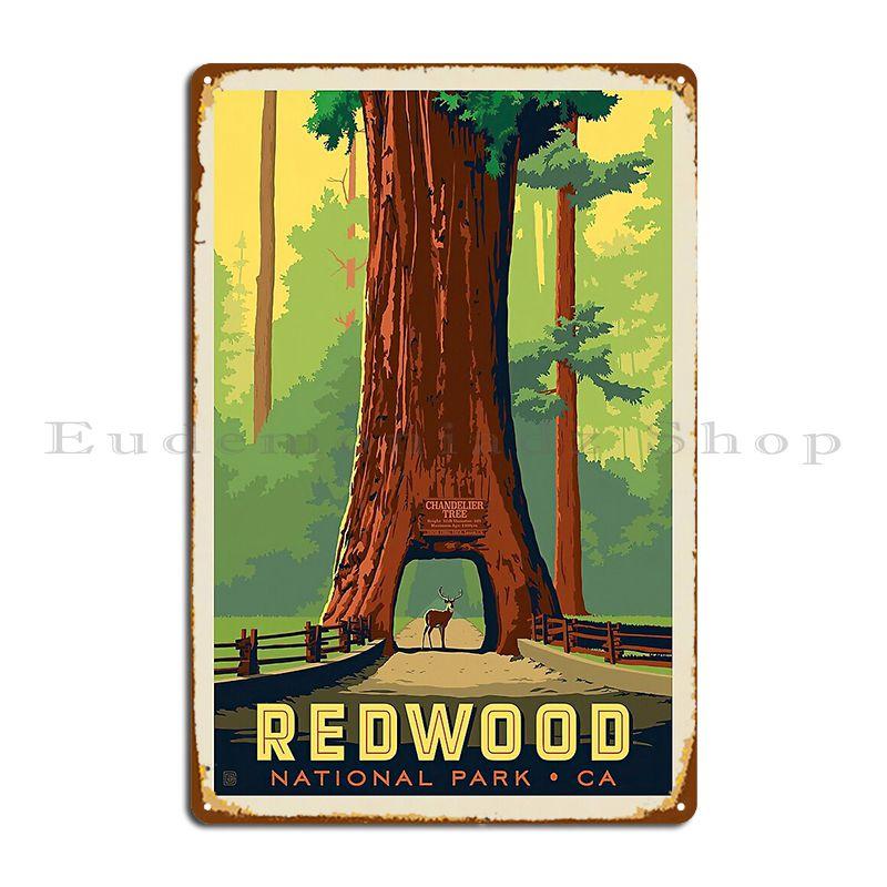 Redwood National Park Chandelier Tree Poster Redwood Travel Metal Sign Custom Funny Wall Garage Retro Tin Sign Poster 20X30CM