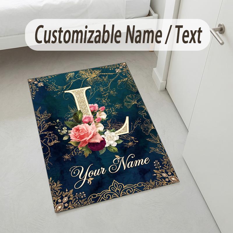 Floral Horse Theme Soft Crystal Velvet Rug Custom Name & Text Print Non Slip Floor Rug for Bedroom Living Room