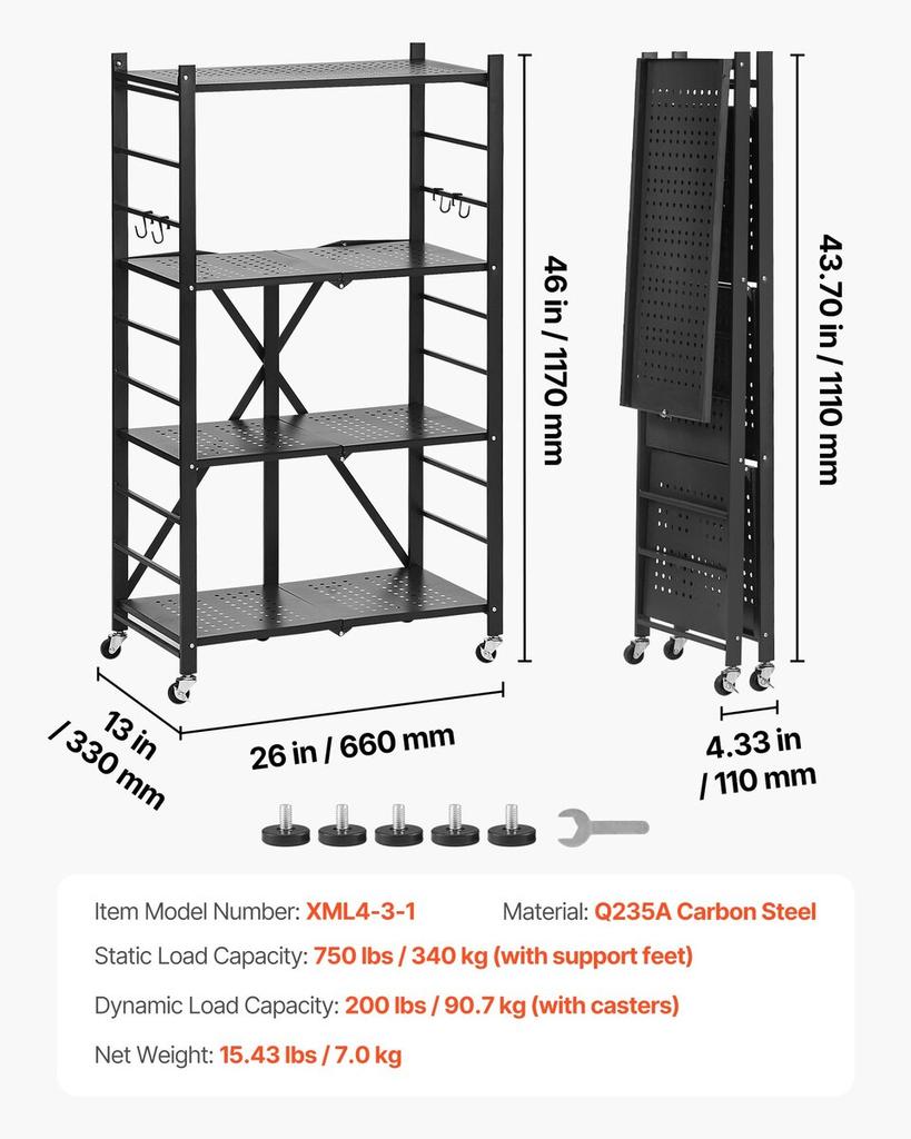 4-Tier Foldable Storage Shelf with Wheels 26 X 13 X 46-inch Metal Shelving