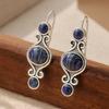 Vintage Ręcznie Rzeźbione Wkładane Syntetyczne Lapis Lazuli Kolczyki Wiszące dla Kobiet Eleganckie Wykwintne Bankietowe Biżuteria Akcesoria