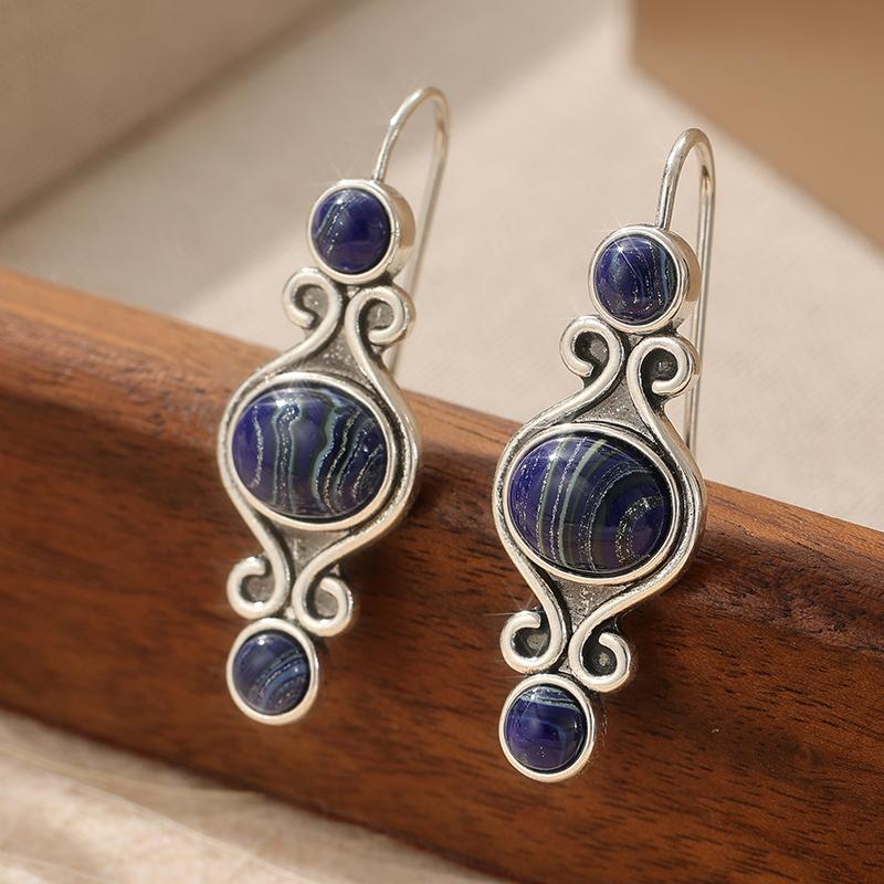 Vintage Ręcznie Rzeźbione Wkładane Syntetyczne Lapis Lazuli Kolczyki Wiszące dla Kobiet Eleganckie Wykwintne Bankietowe Biżuteria Akcesoria