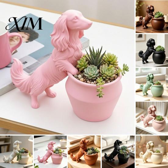 Small Herbaceous Flower Holder 3D Printed Long Haired Dachshund Planter, Cute Dog Flowerpot for Cactus Air Decorative Ceramic Look Pot Plants