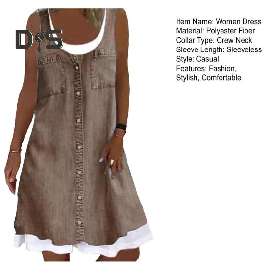Dámské falešné dvoudílné šaty bez rukávů léto ležérní denimový potisk s výstřihem na tílko Šaty s volným střihem minišaty do A