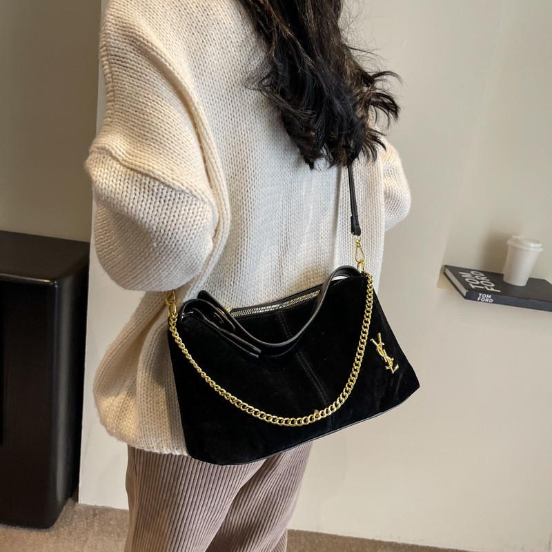 2023 New Vintage Suede Retro Stitching Shoulder Crossbody Bag Women Chain Handbag