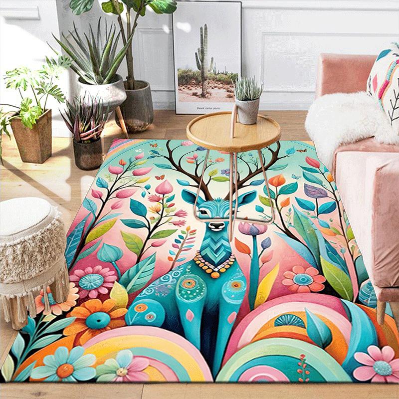 1pc Flowers and deer Design Area Rug - Soft, Anti-Slip, and Durable Gaming Room Decor for Bedroom