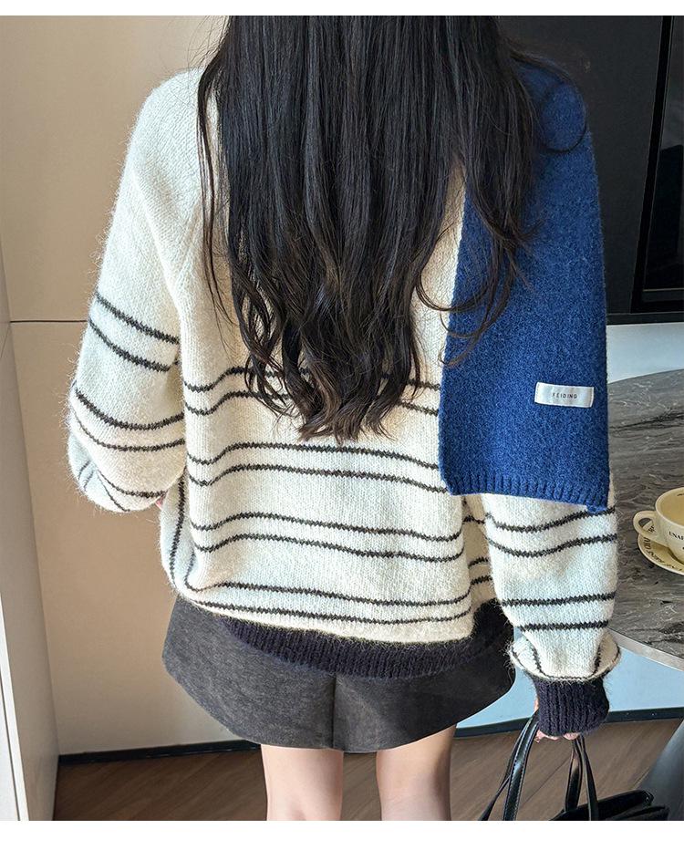 2026 Fall/Winter Korean Casual Color Block V-Neck Striped Knit Sweater