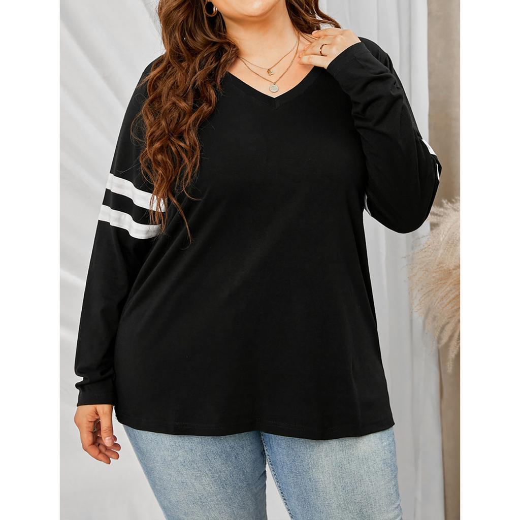 Women's Casual V Neck Pullover Long Sleeve Striped Colorblock  Oversized Shirts