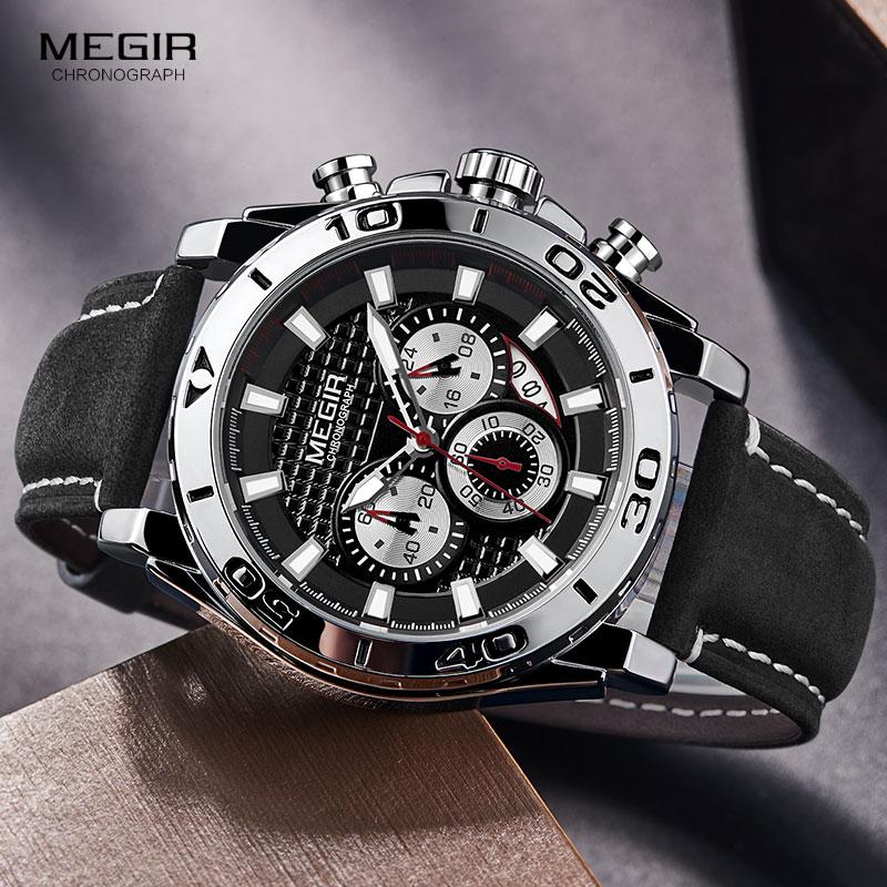 Fashion Megir Top Brand Men's Army Sports Chronograph Quartz Leather Luminous Waterproof Man Relogios 2094 Silver & Gold Watches