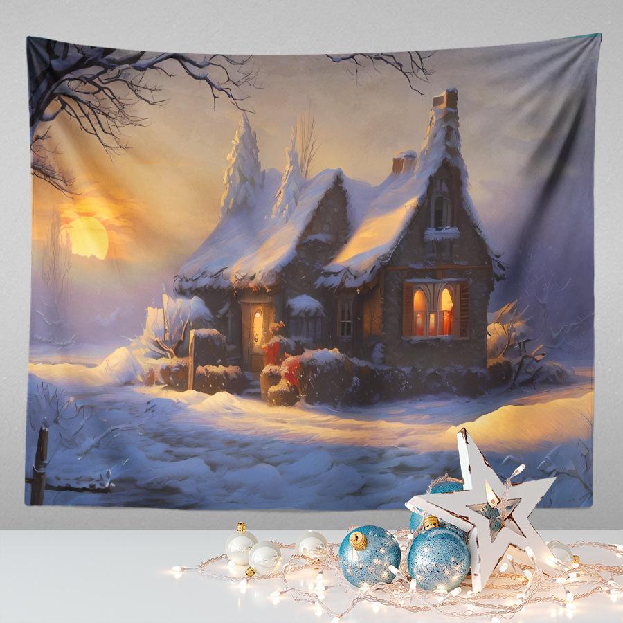 Amazon Festive Hanging Cloth Christmas Background Cloth Printed Cartoon Christmas Tree Snowman Tapestry