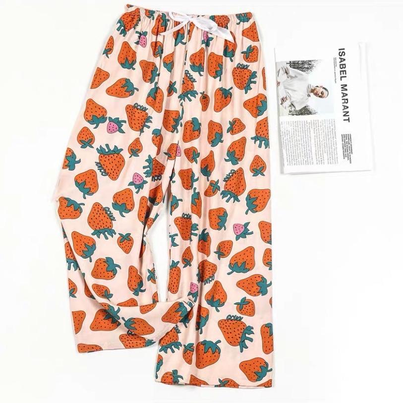 Damen Übergröße Baumwolle Viskose Pyjamahose, Cartoon-Blumendruck, Lockere Neun-Punkt-Strandhose, Outdoor-Bekleidung