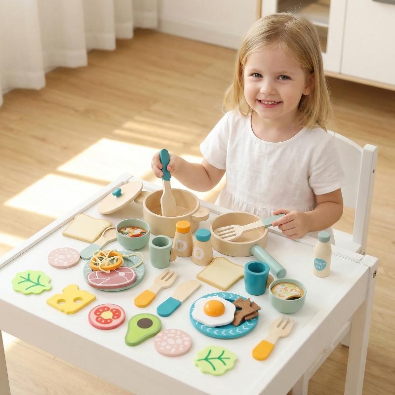 Wooden Children'S Simulation Kitchen Toys, Early Education Educational Toys, Cookware Pot Pan Cook Pretend Play, Food, Role-Play