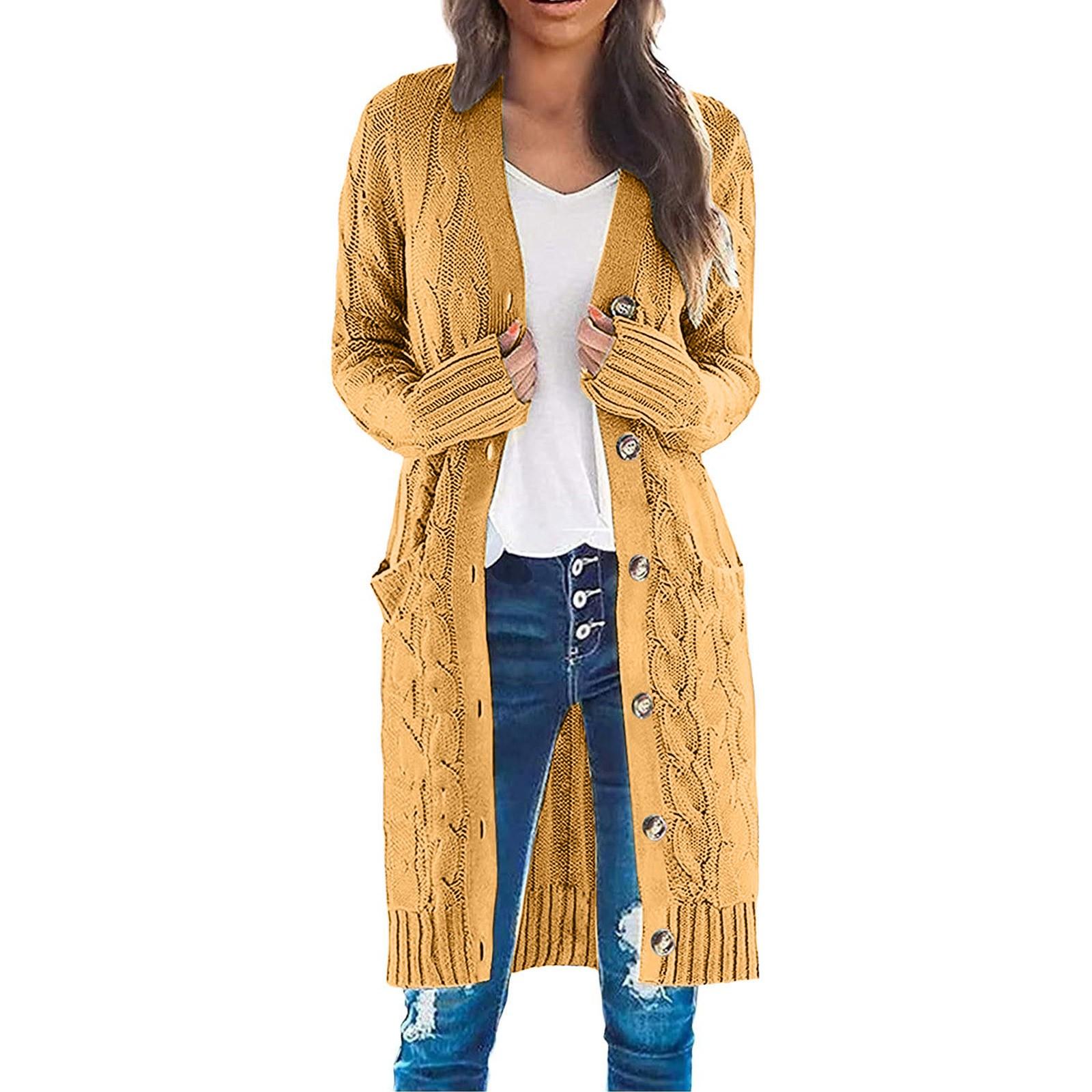 

Женская мода Повседневный открытый спереди Длинный рукав Кардиганы крупной вязки Свитера Верхняя одежда Пальто XL жёлтый