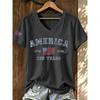 ilstile Women's America 250 Years Print T-Shirts Summer Short Sleeve Casual Loose T Shirt V Neck Tops White Tees Hot Sale