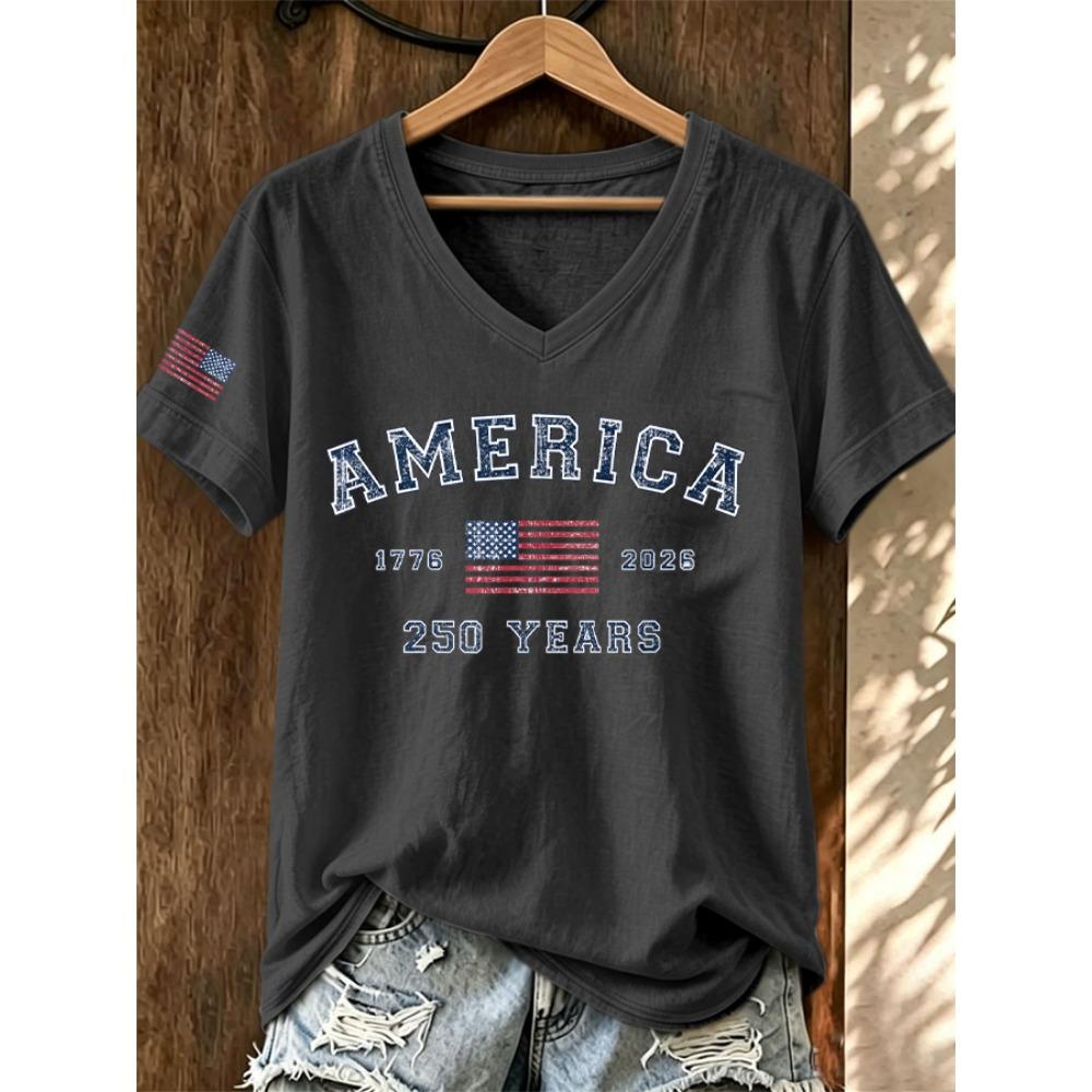 ilstile Women's America 250 Years Print T-Shirts Summer Short Sleeve Casual Loose T Shirt V Neck Tops White Tees Hot Sale