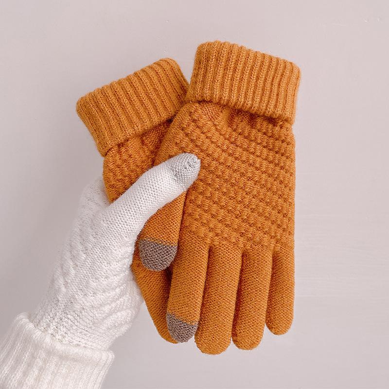 Gants chauds en laine pour femmes en automne et en hiver Écran tactile Cyclisme Mignon Hiver Cyclisme Étudiants Cinq doigts Plus Velours Ins Tricoté
