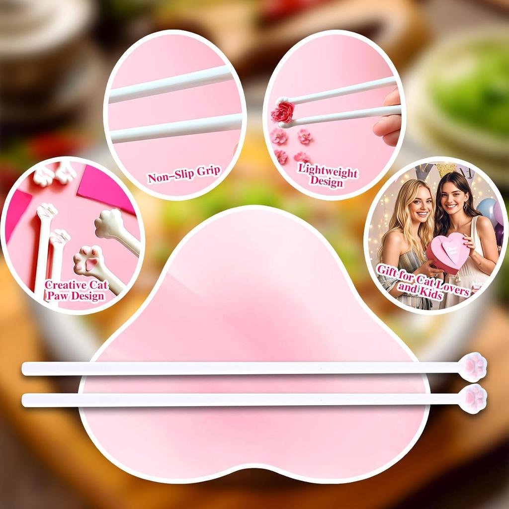 Cat Paw Chopsticks, 2 Pairs Reble Lightweight Non-Slip Grip Eating Chopsticks, Cute Fun Pink Paw Prints, The Perfect Gift for Cat Lovers