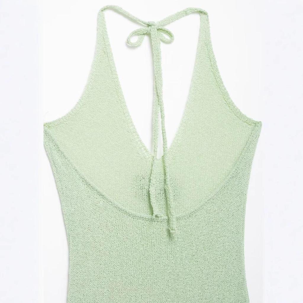 Rochie Tricotată de Primăvară 2025 pentru Femei, Stil European & American, Decolteu Adânc în V, Fără Spate, cu Șliț Înalt, cu Bretele Spaghetti