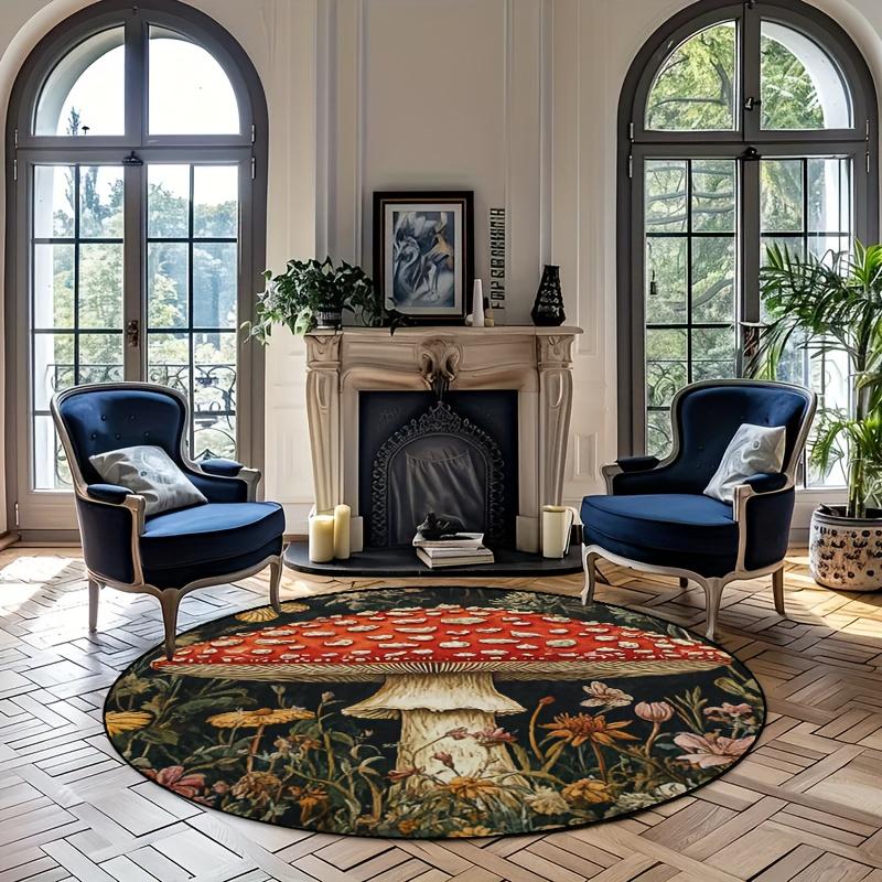 Luxurious Vibrant Mushroom Floral  Pattern Round Shape Floor Mats Kitchen Hallway Runner Rug Bedroom Living Room Soft Carpet Non-slip Area Rug