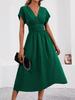 Women's Elegant Summer V-Neck Batwing Sleeve Dress with Pleated Waist