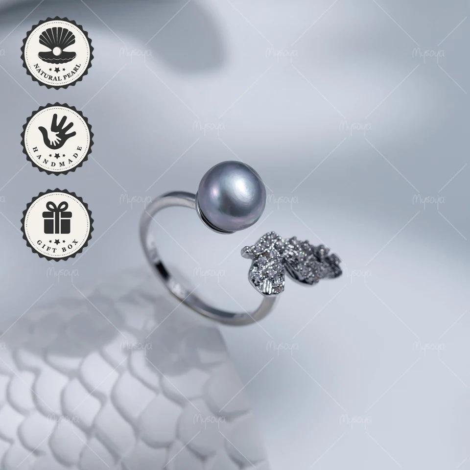 MYSOYA Adjustable Ring with 8-9mm Grey Freshwater Pearl & Silver Butterfly Wing Design C480 US серебряный
