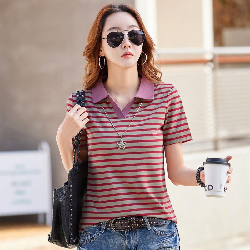 Summer Women's T-shirt POLO Collar Striped Lapel Comfortable Casual Short Sleeve T-shirt