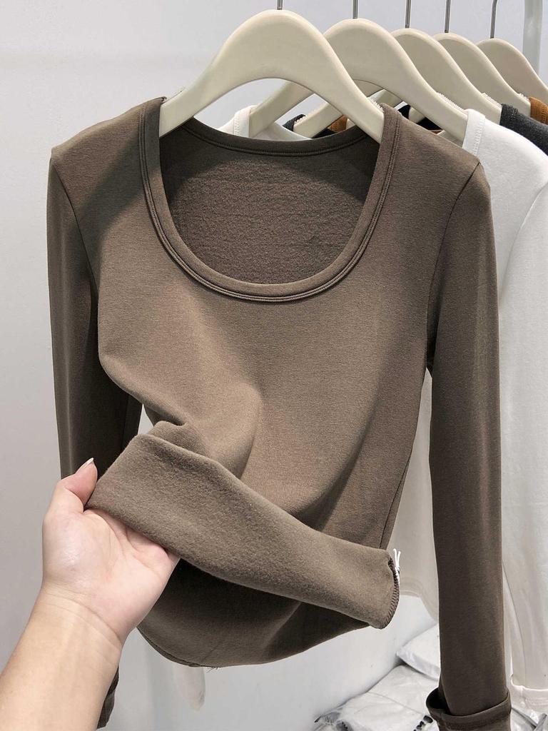 Korean Style Brushed Long-Sleeve T-Shirt for Women - 2025 Autumn/Winter, Collarbones Show Style, Inner Top