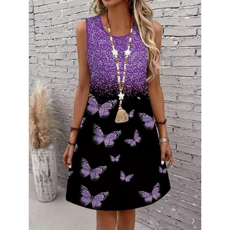

Women s Floral Pattern Printed Sleeveless Round Neck Dress Loose Soft and Comfortable Plus Size Dress 8XL фіолетовий