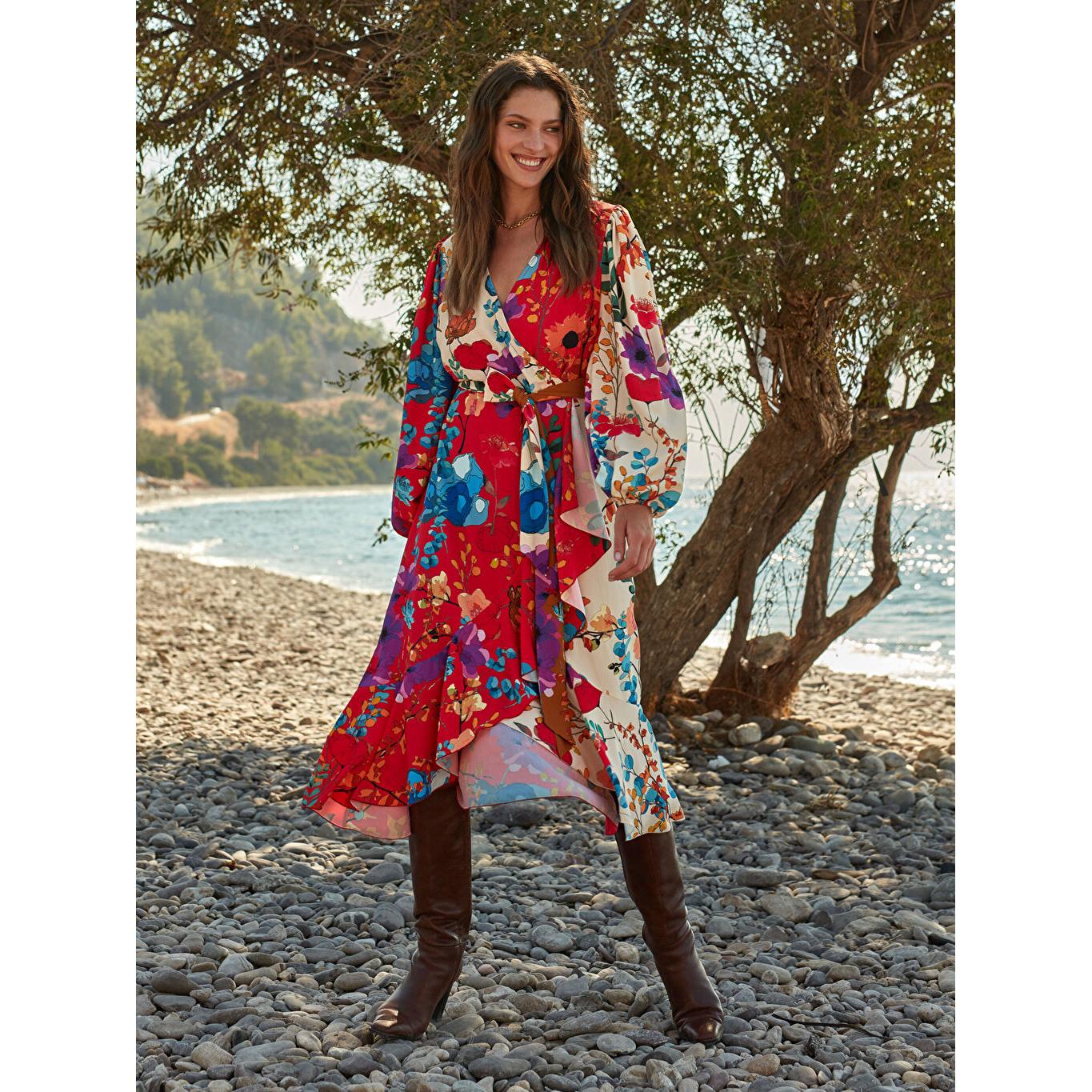 

OOPSCOOL X LCWAIKIKI ПЛАТЬЕ С ЦВЕТНЫМ УЗОРОМ С ПОЯСОМ Экрю 0WEM55Z8-LRA