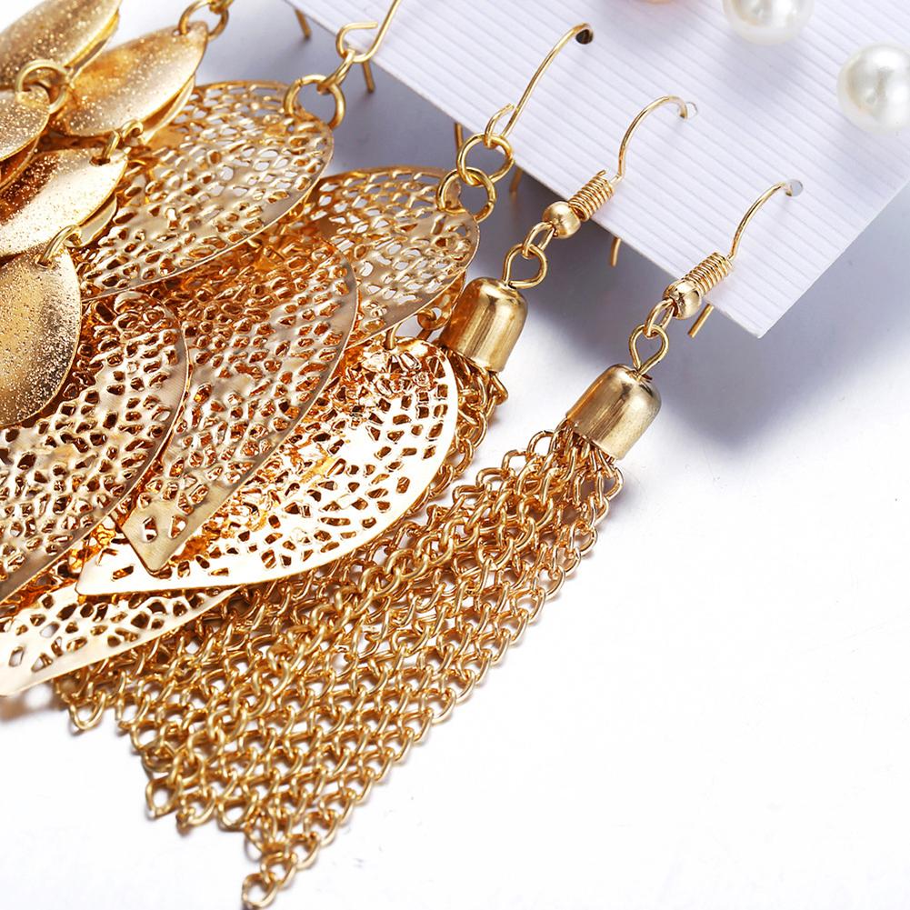 6 Pairs Bohemia Style Golden Jewelry Set Vintage Leaves Long Tassel Stud Earrings Set for Women