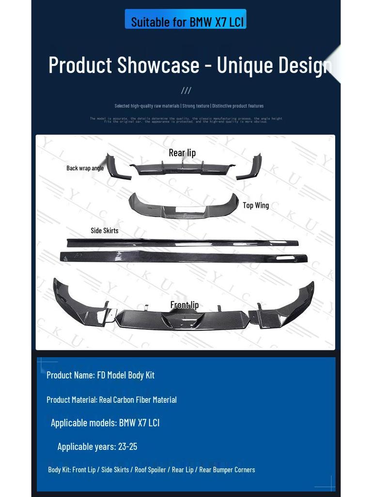 BMW X7 LCI FD Style Body Kit: Front Lip, Side Skirts, Rear Lip, Tail Wing in Carbon Fiber