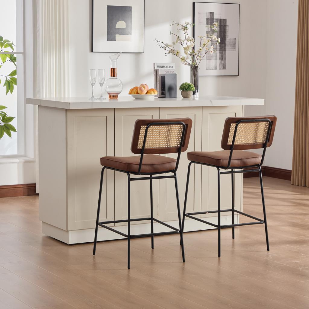 Taburete de Bar en Alto Brillo, 2 Sillas por Paquete, Tapicería de Cuero PU en Estilo Vintage, sin Reposabrazos, Respaldo con Marco de Madera, Patas de Metal.Marrón