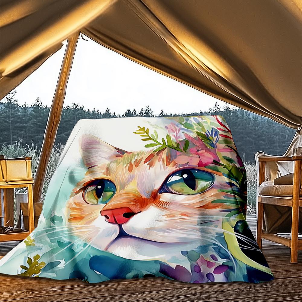 1pc Cat Floral Outdoor Blanket - Soft Flannel Cozy for Travel & Camping - All-Season Warm Bed Cover, Machine Washable Yy251229067